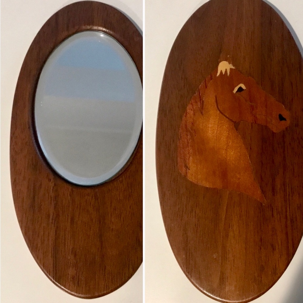 Vintage Wooden Purse Mirror with Horse Inlay